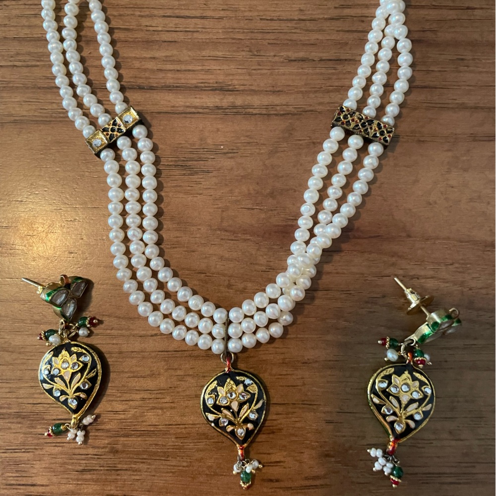 India enamel and pearl necklace and earrings.  From India. Never worn.